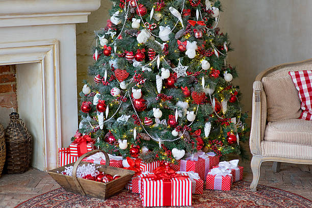 istock Stylish Christmas interior decorated in white and red colors 631181772