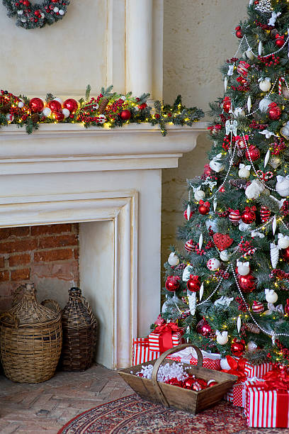 istock Stylish Christmas interior decorated in white and red colors 631181940