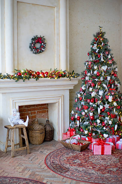 istock Stylish Christmas interior decorated in white and red colors 631182158