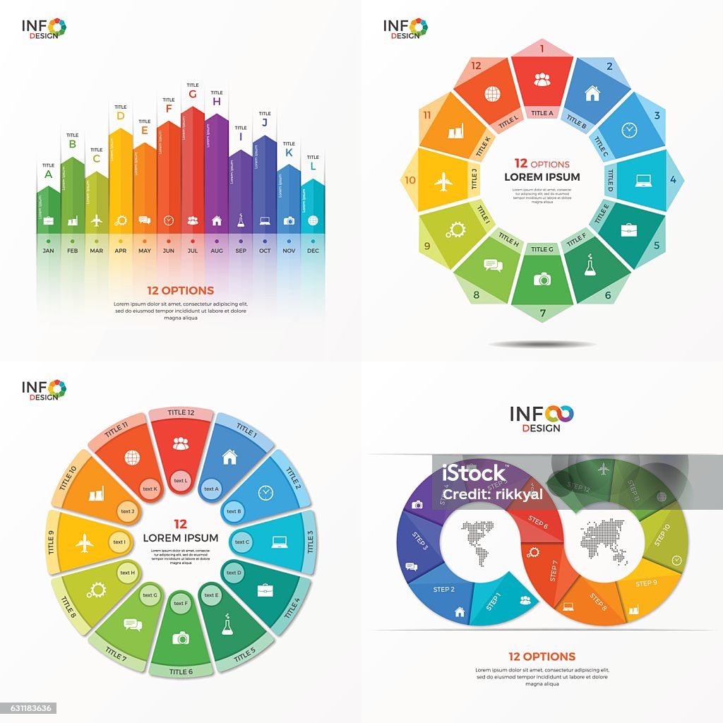 Set of vector infographic 12 options templates Set of vector infographic 12 options templates for presentations, advertising, layouts, annual reports. The elements can be easily adjusted, transformed, added, deleted and the colour can be changed. Number 12 stock vector