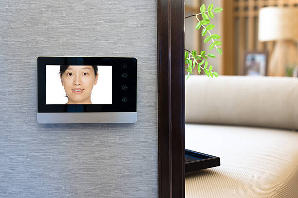 intercom video door bell on the wall outside modern bedroom intercom video door bell on the wall outside modern bedroom doorbell photos stock pictures, royalty-free photos & images