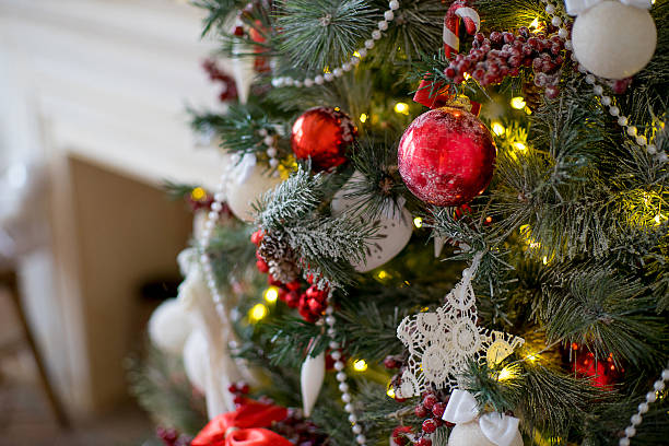 istock Stylish Christmas interior decorated in white and red colors 631662240