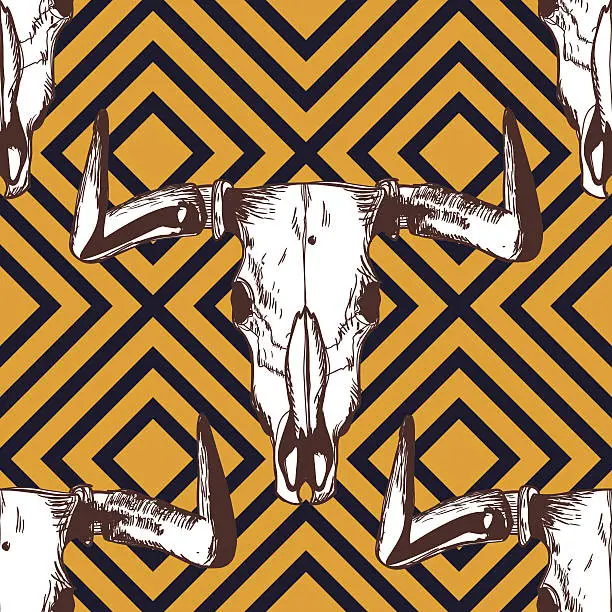 Vector illustration of Vector seamless striped pattern with hand drawn buffalo skulls.