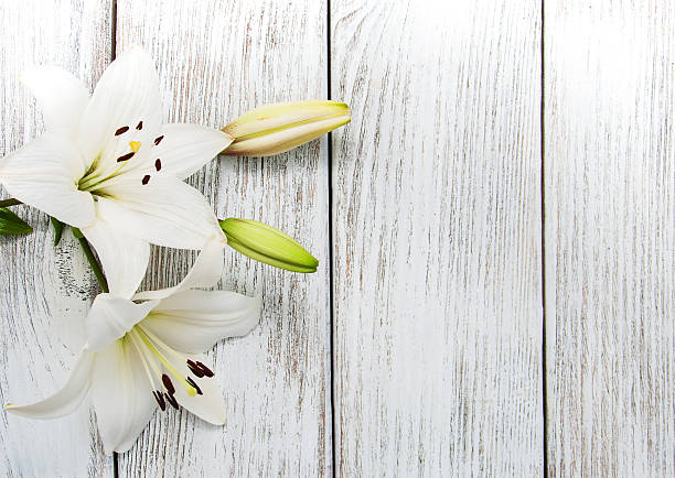 istock White  lilies on a wooden table 632218412