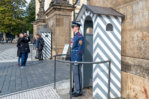 Prague, Czech Republic - October 15, 2016: An honor guard at the post at the entrance to the Presidential Palace in the Prague Castle. Prague Castle is the seat of the President.
