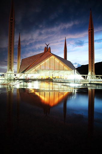 The Faisal Mosque after sunset in Islamabad is the largest mosque in Pakistan and South Asia and the sixth largest mosque in the world.