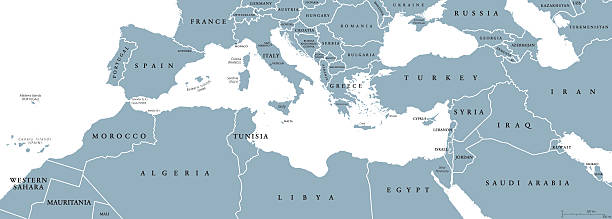 illustrazioni stock, clip art, cartoni animati e icone di tendenza di mappa politica del bacino del mediterraneo - mar mediterraneo