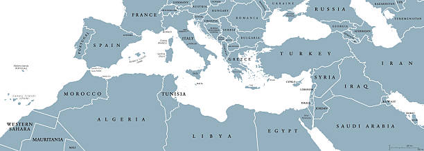 Mediterranean Basin political map Mediterranean Basin political map. Mediterranean region, also Mediterranea. Lands around Mediterranean Sea. South Europe, North Africa and Near East. Gray illustration with English labeling. Vector. international border stock illustrations