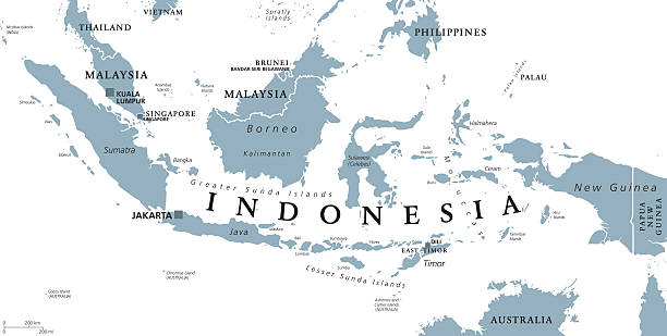 Indonesia political map Indonesia political map with capital Jakarta, islands, neighbor countries Malaysia, Singapore, Brunei, East Timor and capitals. Gray illustration with English labeling on white background. Vector. indonesia stock illustrations