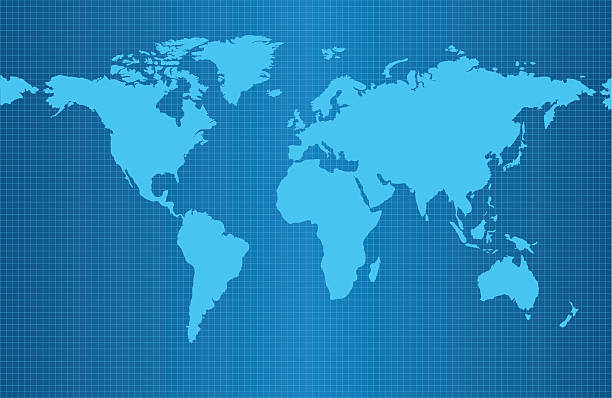 Earth map on blue gradient background Earth map on blue gradient background with grid and all major earth continents - Eurasia, North and South America, Africa, Australia. blue world stock illustrations