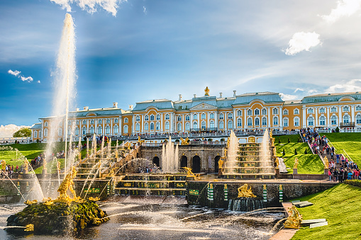 Peterhof, Russia - August 28, 2016: Scenic view of the Grand Cascade,  Peterhof Palace, Russia, on August 28, 2016. The Peterhof Palace and Gardens complex is recognized as a UNESCO World Heritage Site