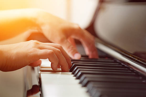 istock Scene of pianist hands from beside angle playing piano 635477182