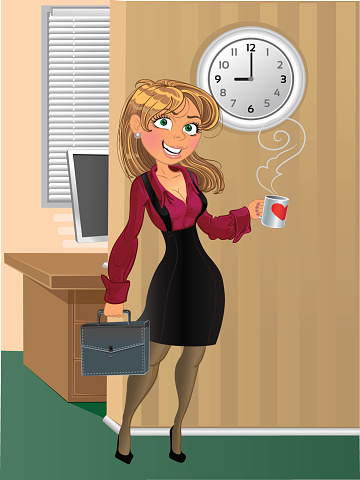 Blond in wine red chemise with cup of tea or coffee in office