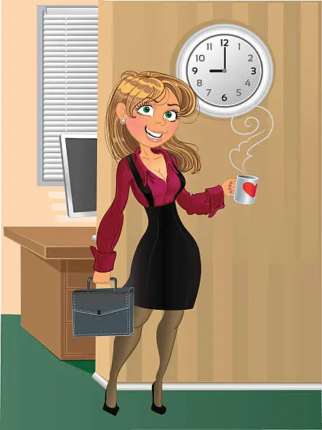 Vector illustration of Blond in wine red chemise with cup of tea