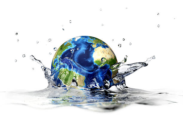istock Planet Earth, falling into clear water, forming a crown splash. 635479434
