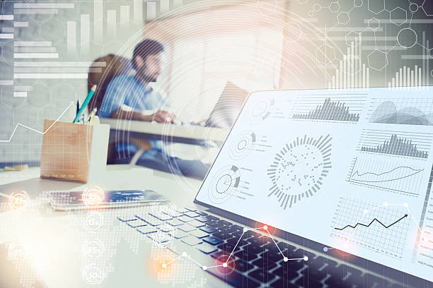 Double exposure. businessman working in modern office with modern technology.