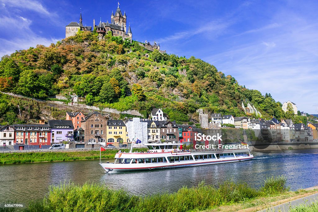 Romantic river cruises over Rhein - medieval Cochem town. Germany Beautiful medieval Cochem town over Rhein,Germany. Cruise - Vacation Stock Photo