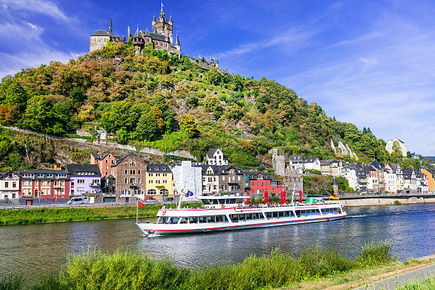 romantic river cruises over rhein - medieval cochem town. germany - rio reno imagens e fotografias de stock