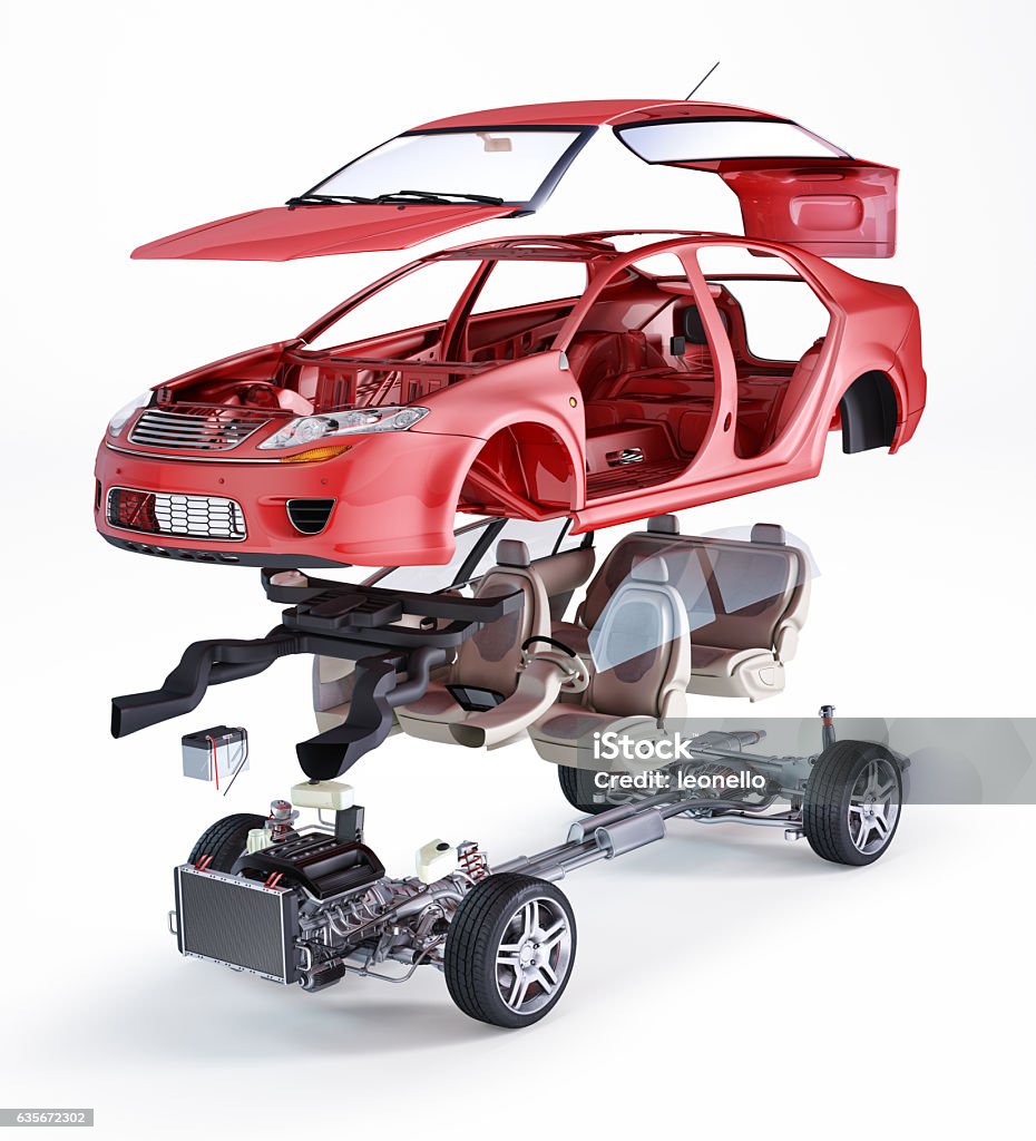 Generic sedan car, technical exploded illustration Generic sedan car, technical exploded illustration, on white background. Car Stock Photo