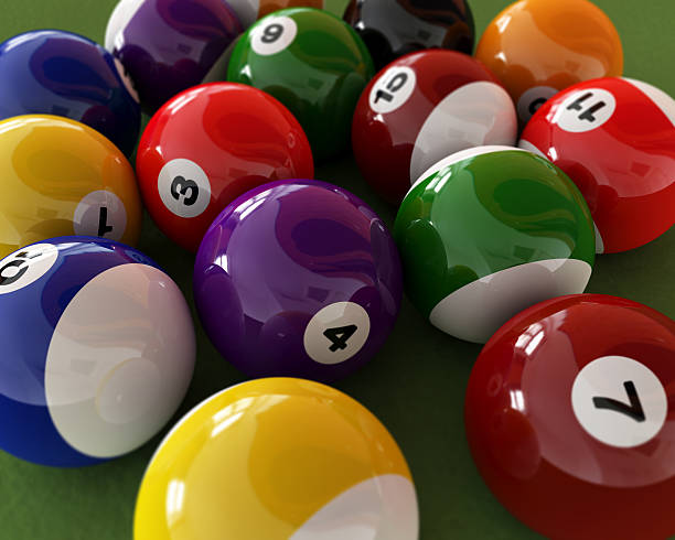 istock Group of billiard balls with numbers, on green carpet table. 635672334