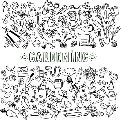 hand drawn doodle garden icons, vector background. Zip-file includes *pdf, *jpeg 7500x7500, *cdr X5, *ai 10
