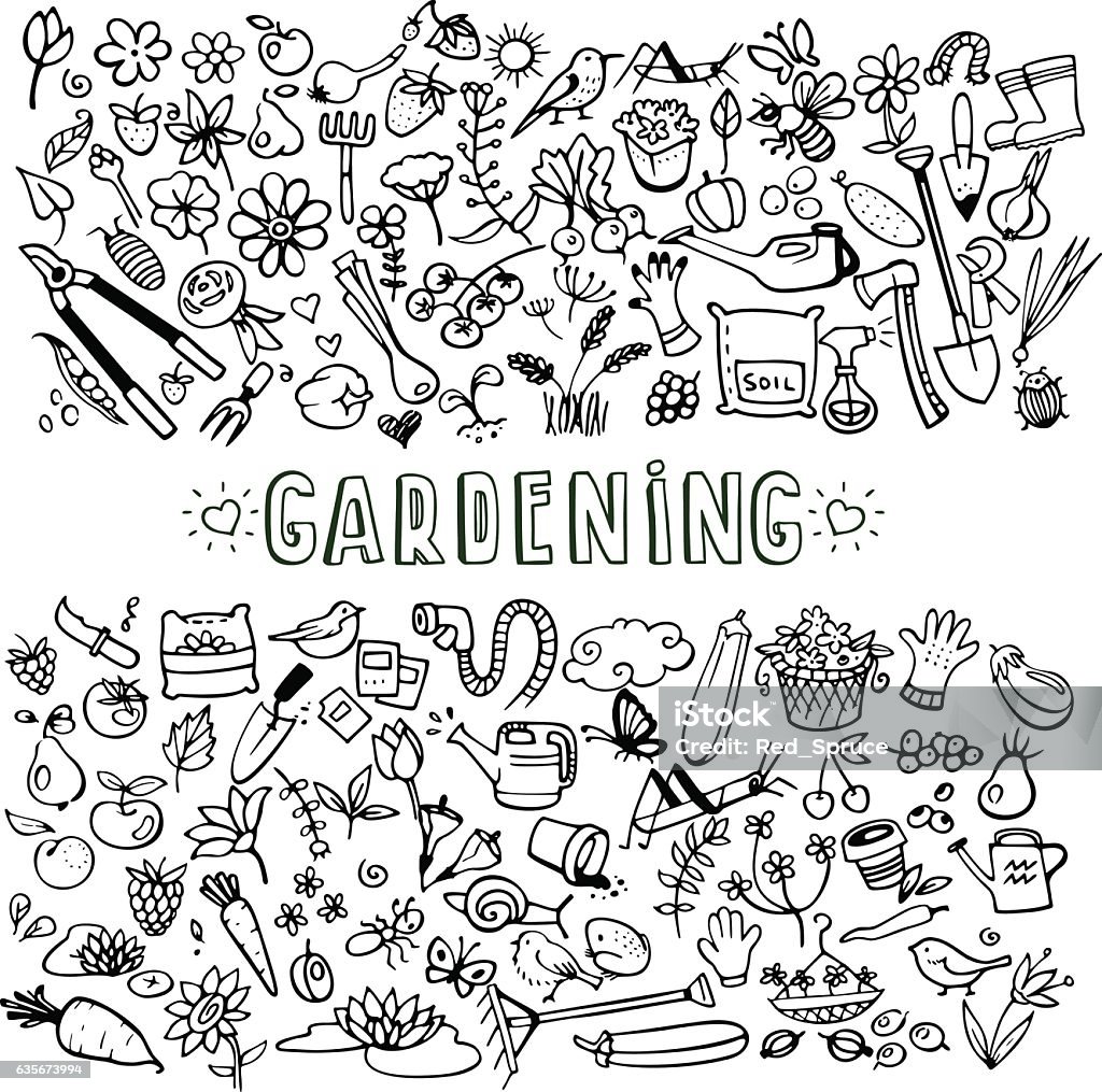 hand drawn garden icons hand drawn doodle garden icons, vector background. Zip-file includes *pdf, *jpeg 7500x7500, *cdr X5, *ai 10 Vegetable Garden stock vector