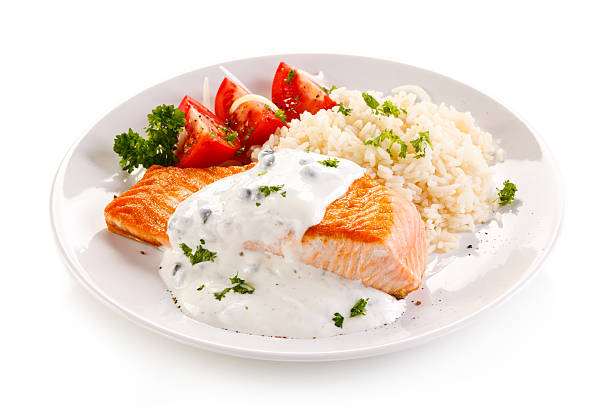 istock Grilled salmon, white rice and vegetables 635674656