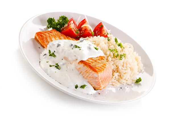 istock Grilled salmon, white rice and vegetables 635674690
