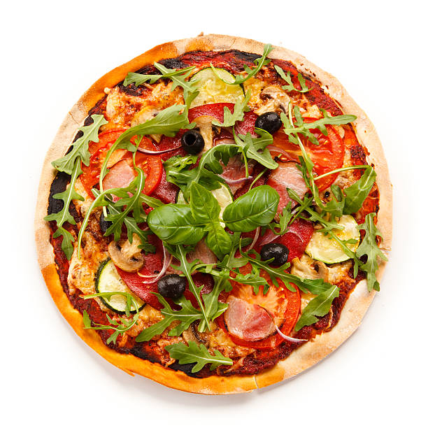 pizza em fundo branco - italian cuisine minced meat tomato herb imagens e fotografias de stock