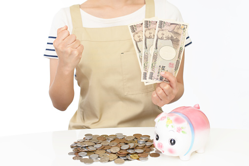 Housewife with money and piggy bank