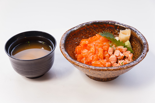 Salmon Donburi : Raw and Cooked Well Diced Salmon with Japanese Steamed Rice. Served with Miso Soup.