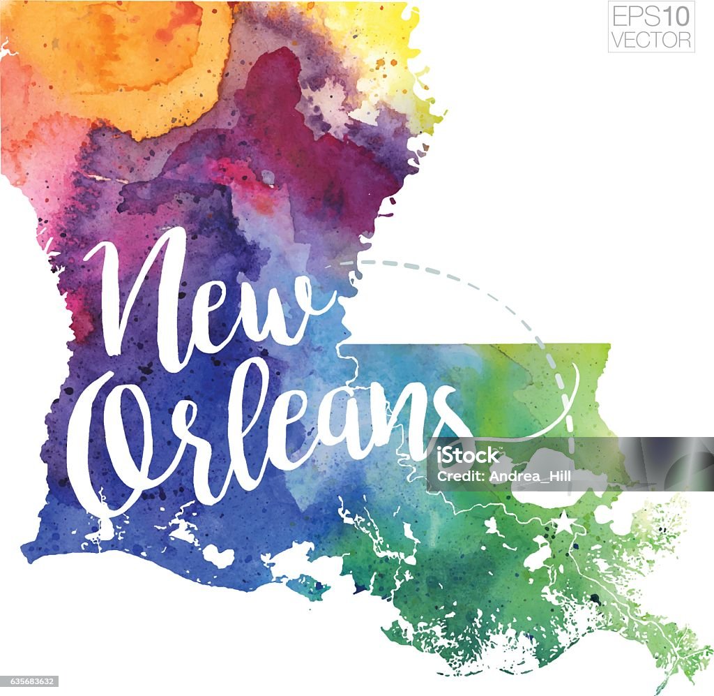New Orleans, Louisiana Vector Watercolor Map A highly detailed vector map of the US State of Louisiana featuring the city of New Orleans  with a multicoloured hand painted watercolour texture. Map is isolated on a white background. "New Orleans" stylized text is added overtop with a star to indicate the location of the city. New Orleans stock vector