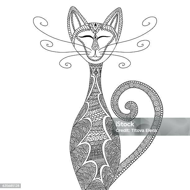 Cat Antistress Coloring For Adults Stock Illustration - Download Image Now - Domestic Cat, Single Line, Abstract