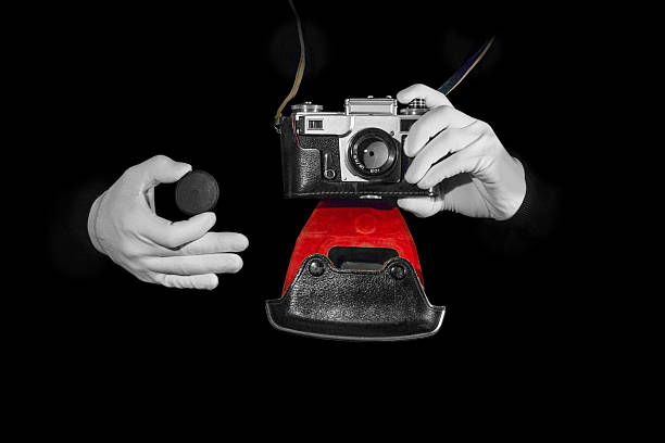istock Old rangefinder vintage and retro photo camera with  color effect 635686220