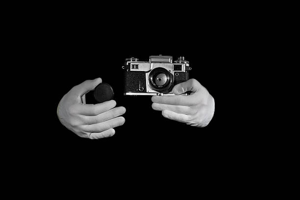 istock Old rangefinder vintage and retro photo camera with  color effect 635686230