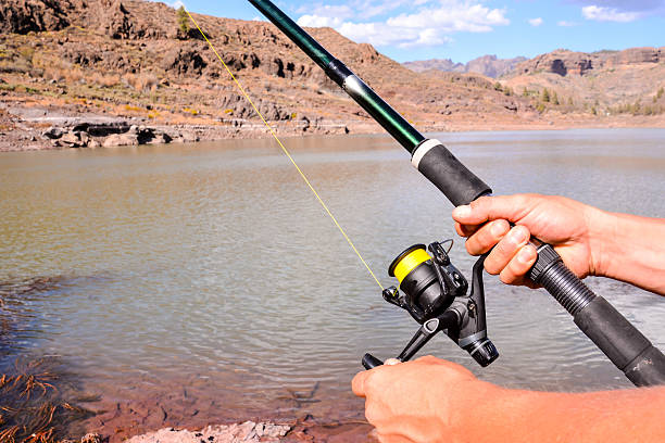 istock Fishing with rod on lake 635697104