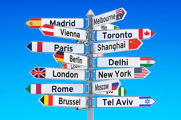 istock signpost with names of cities, 3D rendering 635698812