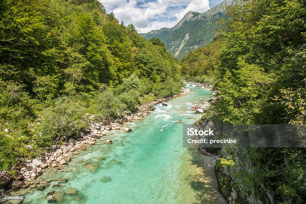 Soca river Beautiful turquoise river in the Triglav National Park in Slovenia. Canyon Stock Photo