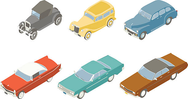 Retro Cars Isometric Illustration Six classic North American style cars represent the 1920s, 1930s, 1940s, 1950s, 1960s, and 1970s. All vehicles are generic representations, based on common styling that was used prior to 1980. running board stock illustrations