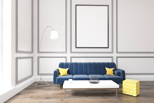 istock Living room with poster, blue sofa and a coffee table 635702368