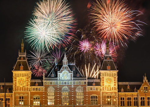 Fireworks above the Amsterdam Centraal, the main downtown metro and train station