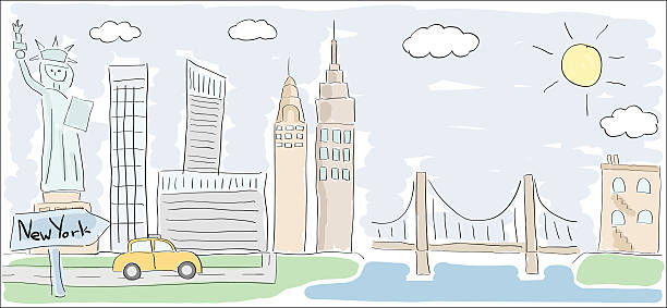 sketch of New York city America child style drawing Child style colored sketch drawing of New York city in America with Statue of Liberty new york skyline drawing stock illustrations