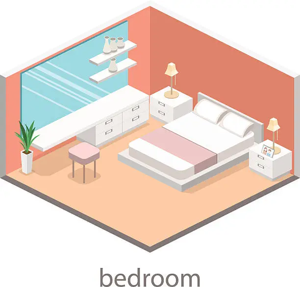 Vector illustration of modern bedroom design in isometric style.