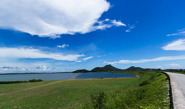 istock Sky with green fields Reservoir for agriculture 635718370