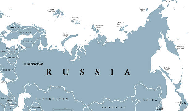 Russia political map Russia political map with capital Moscow, national borders and neighbor countries. Russian Federation, a federal state in Eurasia. Gray illustration with English labeling on white background. Vector. russia map stock illustrations