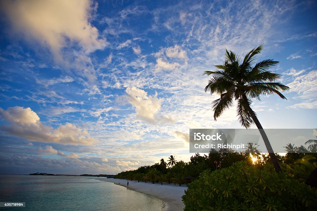 Tropical sunset beach scene A serene tropical sunset beach scene on a small island Atoll Stock Photo