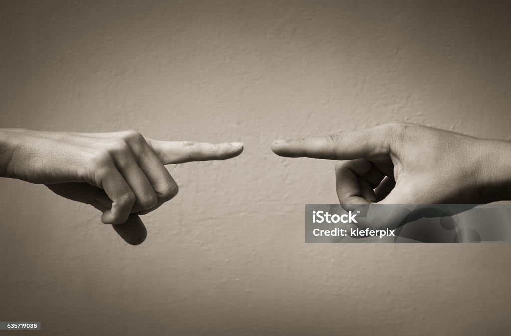 I blame you! Hands pointing fingers at each other. Blame concept. Guilt Stock Photo