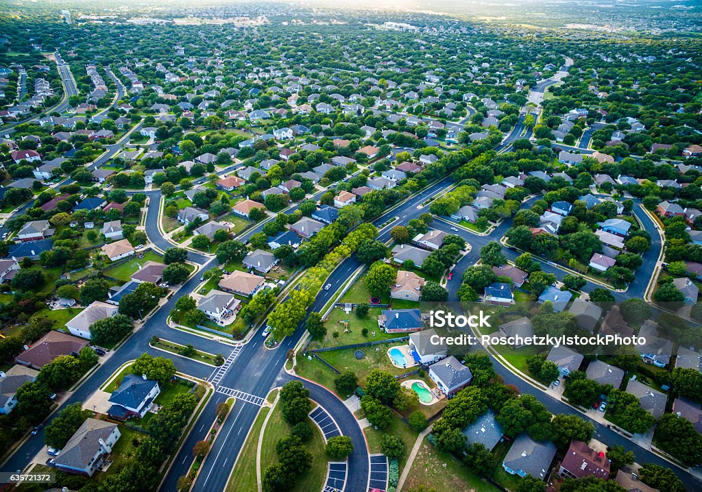 Aerial Austin Surburb Home Development Vast neighborhoods Aerial Austin Surburb Home Development Vast neighborhoods so many new homes are being built and the population of Central Texas is increasing dramatically  Aerial View Stock Photo