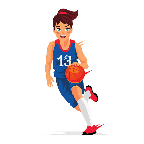 Young girl basketball player Young girl basketball player in a blue uniform with a ball. Vector illustration on white background. Sports concept. designer beat stock illustrations