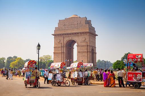 Delhi, India - October 15, 2016: many ice cream bicycles in front of the india gate